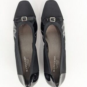 Mark Lemp By Walking Cradles Black Wedge Heels Size 8.5N Ballet Style Buckle Bow